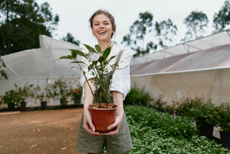 Happy young woman holding a potted plant in a greenhouse, surrounded by lush greenery, symbolizing a love for nature and gardening, perfect for eco friendly themes