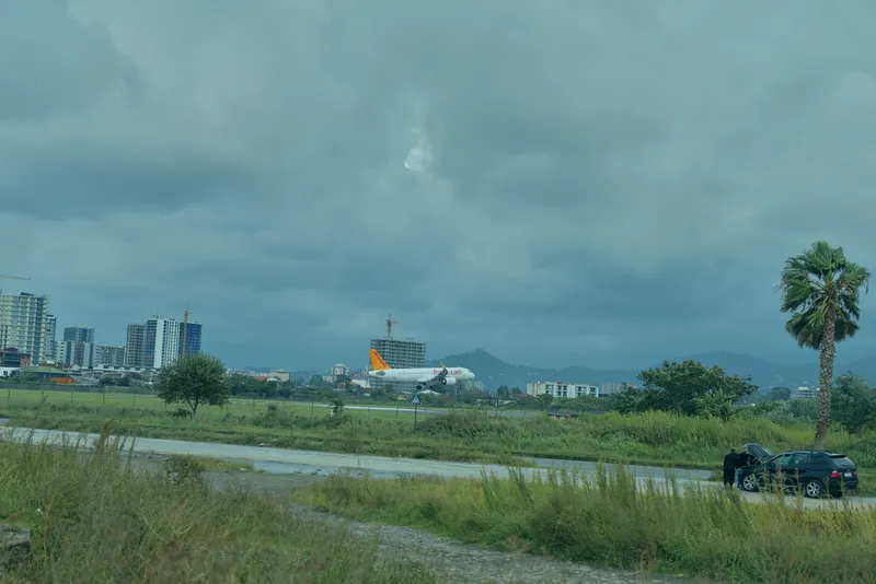 Wide landscape with road, parked car, city skyline on a cloudy day, palm tree, grassy field and distant hills, highlighting urban rural contrast