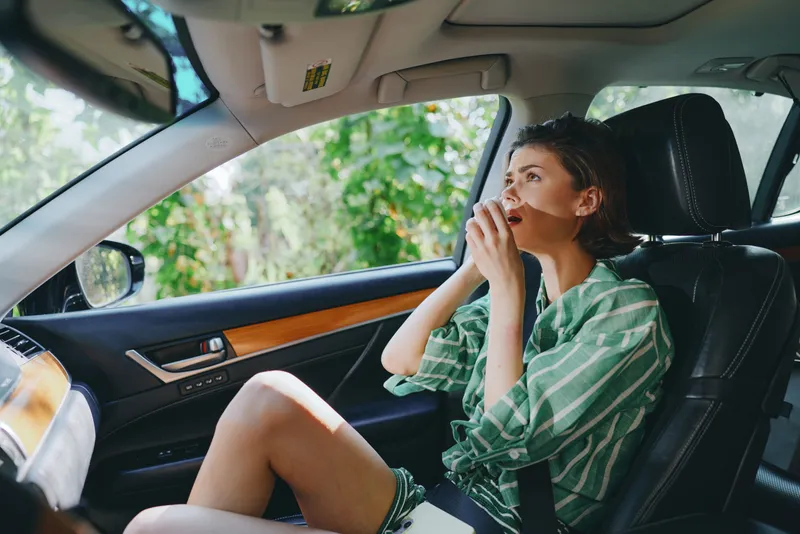 A young woman sits in a car interior, applying lipstick, relaxed style, casual green striped shirt, natural light, candid beauty moment.