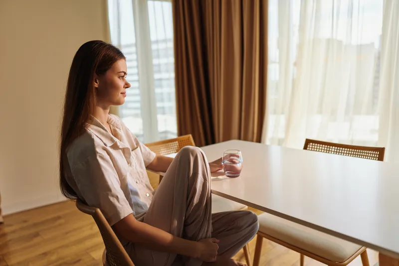 Woman sitting at table holding a glass of water in a sunlit home, relaxed morning portrait with casual loungewear, serene profile and soft curtains in a cozy dining interior.