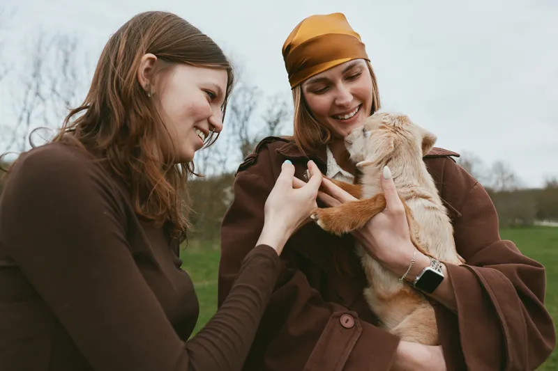 Two young women enjoy a playful moment outdoors with a baby goat as they smile and interact in casual autumn clothing in a natural green field setting.