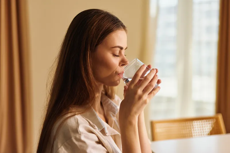 Woman drinking water from glass at home, portrait of a relaxed woman with eyes closed enjoying morning hydration and calm routine in sunlit interior dining area.