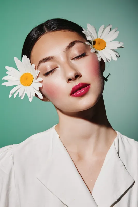 Young woman with closed eyes and glossy bright lips poses with white daisies on both sides of her head against a mint background. Fashion concept with colorful makeup.