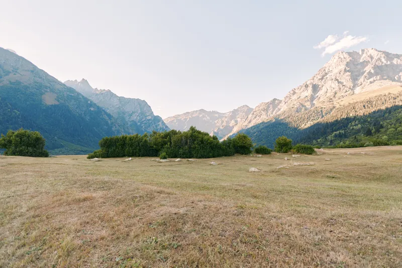 Mountain meadow valley with bushes and grass in a wide landscape under clear sky and rugged peaks, panoramic alpine scenery with sunlight, distant ridges and serene natural pasture.