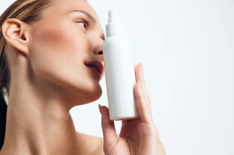 Young woman holding white spray bottle near face on white background. Concept of skincare, beauty routine, and cosmetic product. Soft natural light highlights clean skin and elegance.
