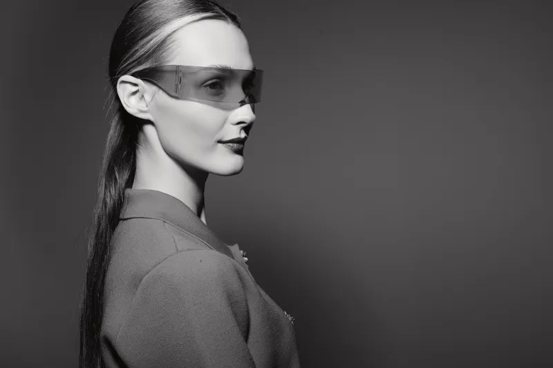 Profile of a pale white woman with sleek hair and futuristic sunglasses wearing a textured jacket on a dark background. Concept of fashion, style, and modern elegance.