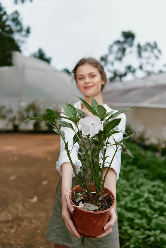 Smiling woman in casual attire holding a potted plant in a greenhouse, showcasing a connection with nature and the joy of gardening, reflecting a sustainable lifestyle