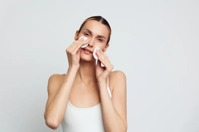 Woman wiping face with tissue in studio against clean white background, gentle smile, caring moment, hygiene routine, soft skin care feeling, minimal composition, privacy light, copy space