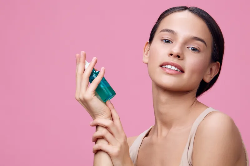 Young woman holding a green skincare product against a pink background, showcasing vibrant skin and natural beauty, ideal for wellness and skincare themes