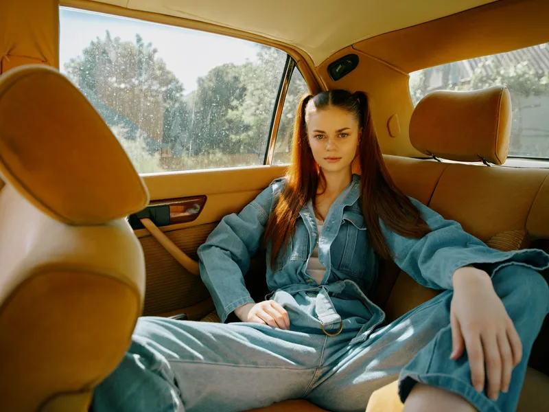 Young woman with long hair in denim clothing, sitting relaxed in the backseat of a car, with a serene expression and a bright, sunlit background reflecting casual style.