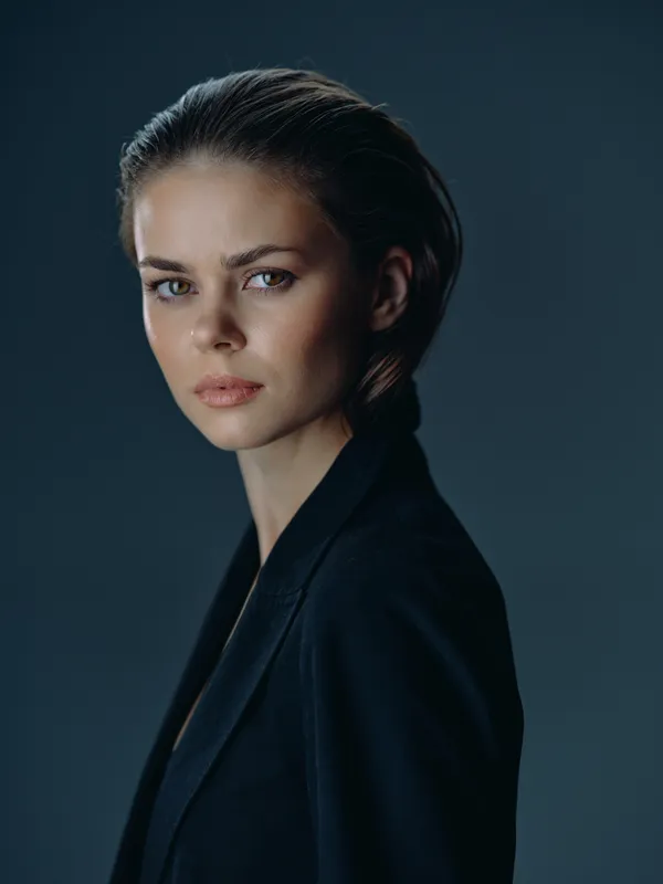 serious woman in black jacket against dark background with natural lighting, portrait of confident young woman