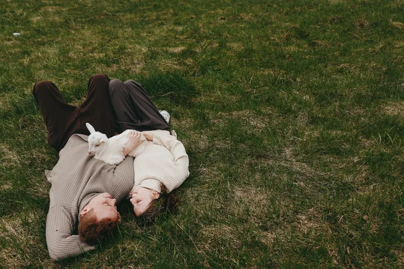 couple, lifestyle, goat, kid, outdoors, grass, relaxation, affection, nature, moment, cozy scene of a couple lying on the grass with a goat kid, enjoying sunlit breeze and intimate connection in a