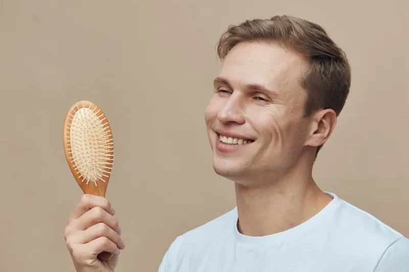 Smiling young man with short light brown hair holding wooden hairbrush close to his face on beige background. Natural expression, casual white t-shirt, positive mood. Studio portrait of a happy man re