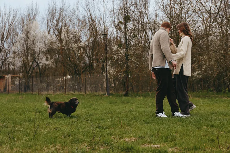 Couple walking with a dog in a park, casual outfits, candid lifestyle moment, outdoor activity, gentle breeze, greenery and bare trees in the background, communicates bonding, happiness, and everyday