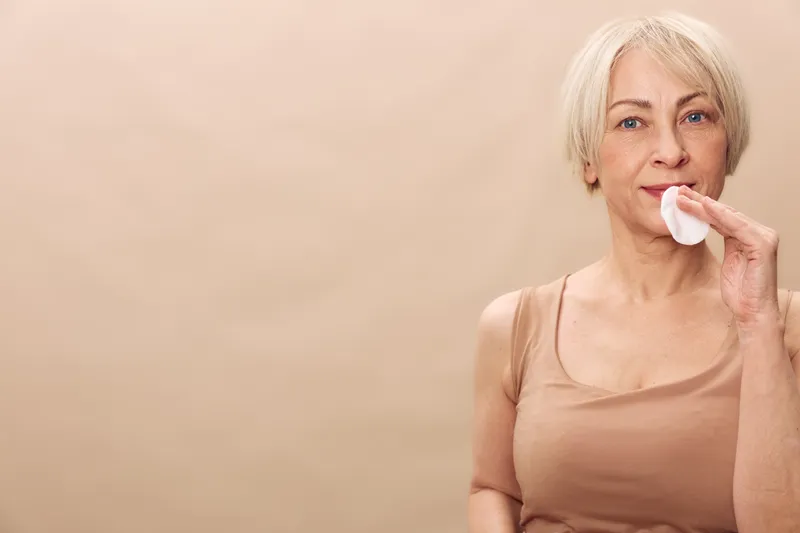 Mature woman with short blonde hair uses cotton pad for skincare routine on beige background. Concept of natural beauty, self-care, anti-aging, and gentle facial cleansing.