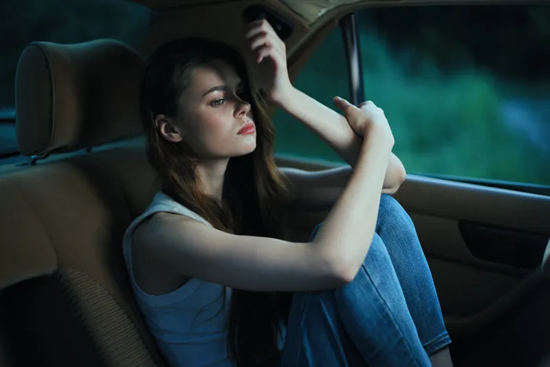 Young woman in a car, expressing sadness and contemplation, wearing casual attire with long hair in an emotional and dramatic scene.
