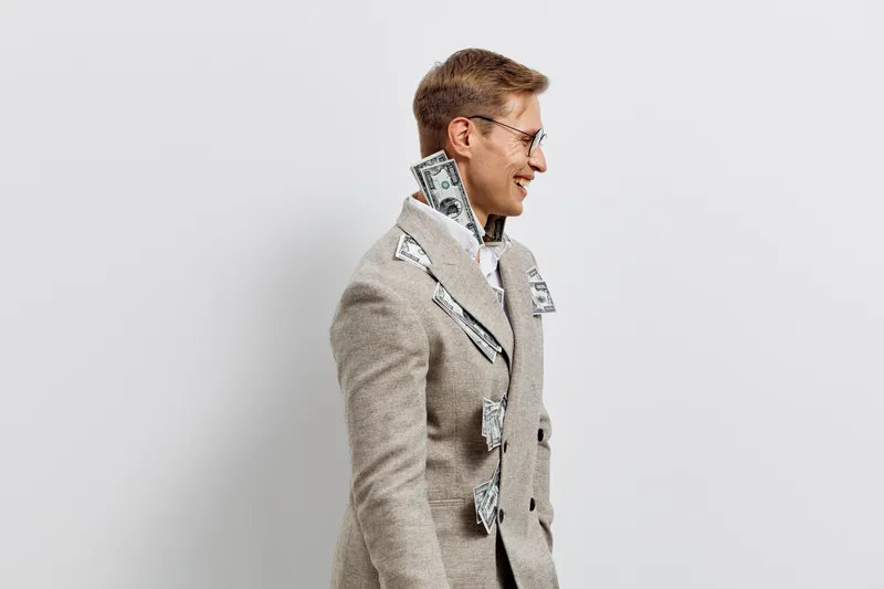Confident smiling man with short hair and glasses in stylish beige blazer standing sideways against plain white background. Business casual portrait, positive mood, fashion, elegance, professional app