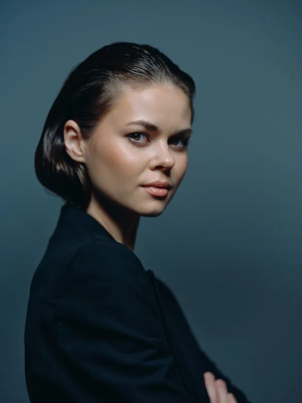 Portrait of confident young woman with short hair wearing dark clothing on blue background, poised and thoughtful expression