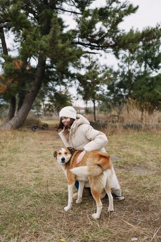 Person in a warm coat and beanie with a dog in a park, outdoors winter scene showcasing companionship and gentle interaction between human and animal