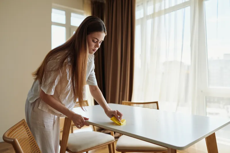 Woman cleaning dining table with yellow cloth in bright home interior, wiping surface and chairs by the window curtain for morning household routine and tidy kitchen or dining area.