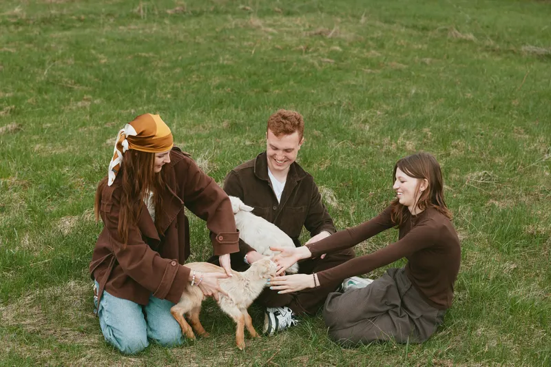 Three young adults in casual autumn clothes enjoy playing with a baby goat on a grassy field during a relaxed outdoor lifestyle moment.