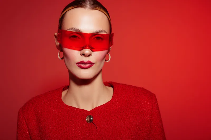 Stylish woman in red sweater and red sunglasses poses confidently against red background. Fashion portrait with bold color contrast and modern accessories.