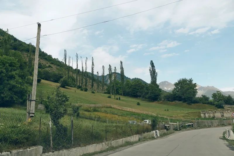Landscape of a rural road winding through green fields with trees and hills under a blue sky, a fence and powerline run along the roadside