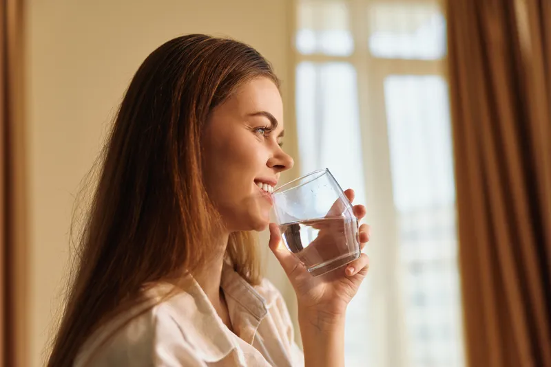 Woman smile glass water drinking profile, female young enjoying morning at home by window and curtains, relaxed in pajama with sunlight, hydration routine and calm wellbeing.