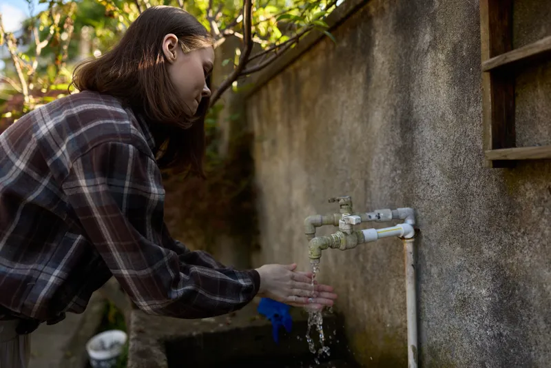 Woman outdoors in a plaid shirt washes hands at a wall faucet, capturing a simple daily routine, relaxed lifestyle moment, natural light, and a quiet outdoor setting