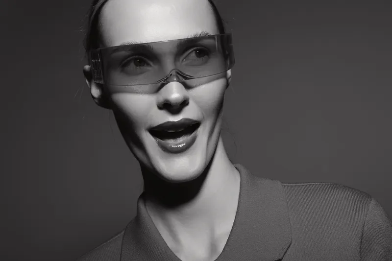 Portrait of a young white woman with pale skin wearing transparent glasses and a blazer, smiling and looking away in a studio with dramatic lighting.