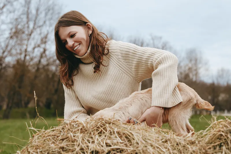 Young woman in a cozy sweater joyfully plays with a baby goat on a haystack in a natural outdoor setting during autumn.