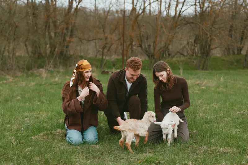 A family and friends interact with goats and kid in a grassy meadow outdoors, capturing candid moments of gentle petting and curiosity, highlighting bonding, animals, nature, and a wholesome