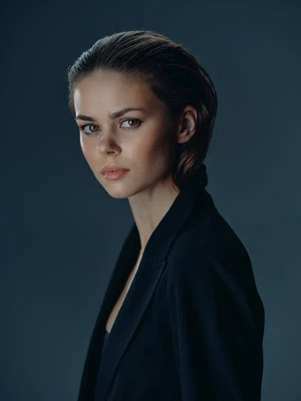 serious woman in black jacket with short hair looking at camera, dark background, moody portrait lighting