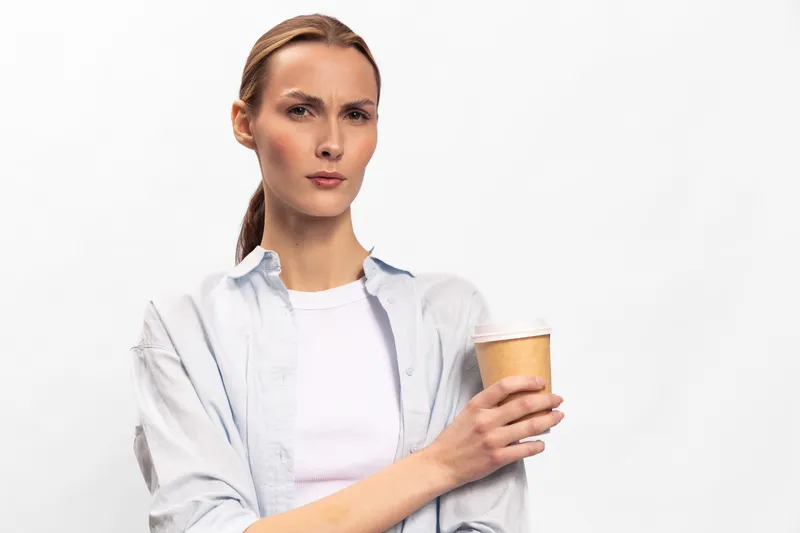 Young woman with serious expression holding disposable coffee cup isolated on white background. Concept for morning routine, coffee break, and thoughtful mood.