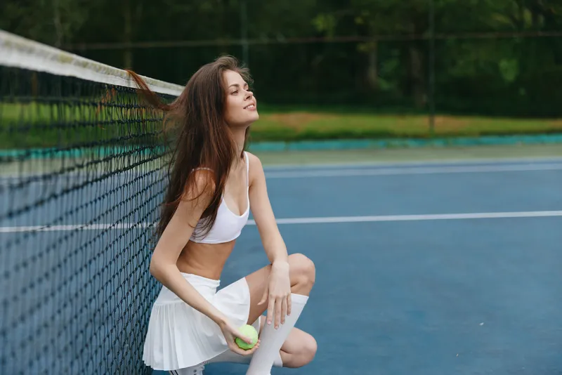 Young female tennis player in sporty outfit, smiling with a tennis ball on the court, enjoying the sunny day while seated on the net