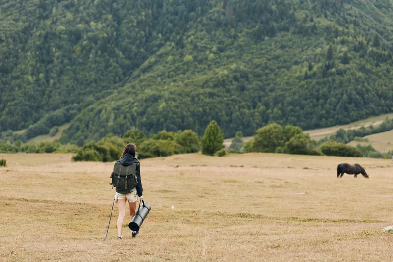 A lone hiker walks across a wide open meadow with a backpack and rolled mat, heading toward distant hills. The expansive landscape feels peaceful, sunlit, and inviting for outdoor adventure.