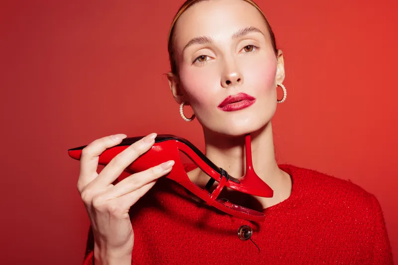 Elegant woman in red sweater holds red high heel shoe near face against red background. Fashion concept with matching colors, style, and confident expression in studio lighting.