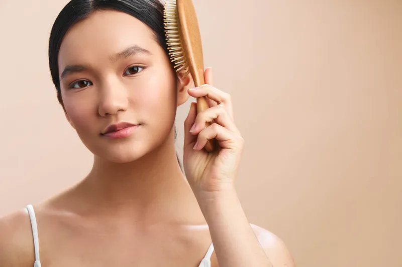 Asian woman gently brushes her hair in a soft studio setting, calm and focused while caring for her appearance, creating a serene and intimate portrait of personal grooming.