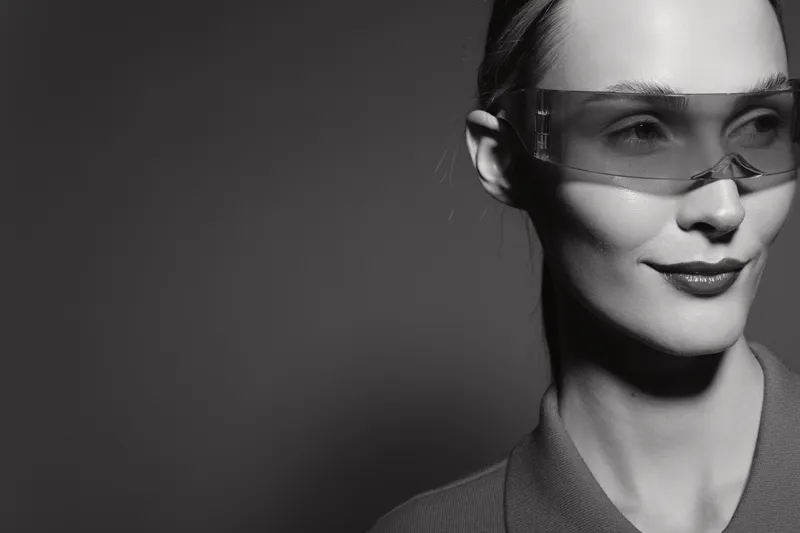 Stylish white woman with pale skin wears transparent glasses and confident smile in black and white portrait with dramatic lighting.