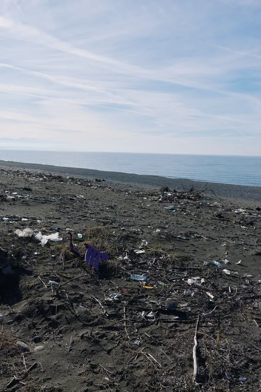 Pollution on a rocky beach with scattered garbage and plastic, extending to the calm sea under a clear sky, highlighting environmental damage and pollution awareness.