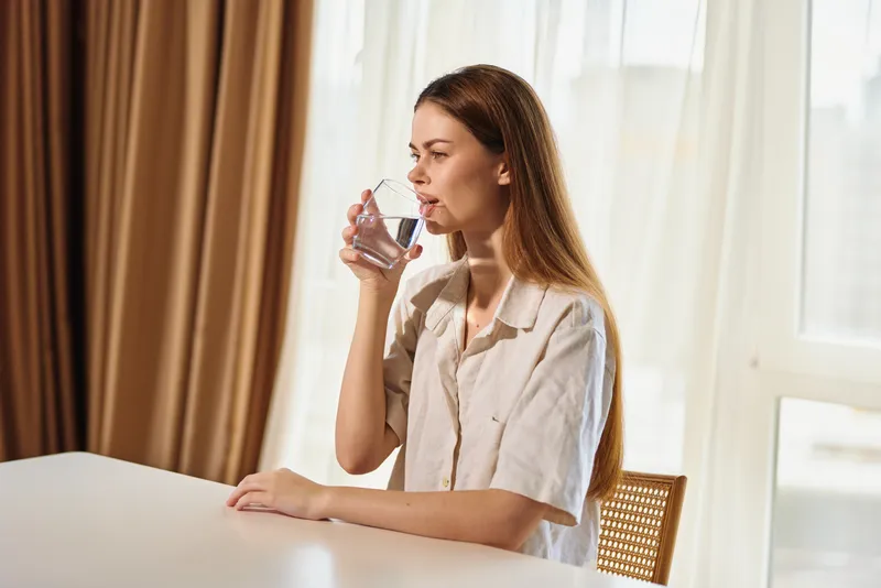 Woman drinking water from glass while sitting at table in home morning sunlight, relaxed relaxation pose, casual shirt, calm expression, hydration and healthy lifestyle routine.