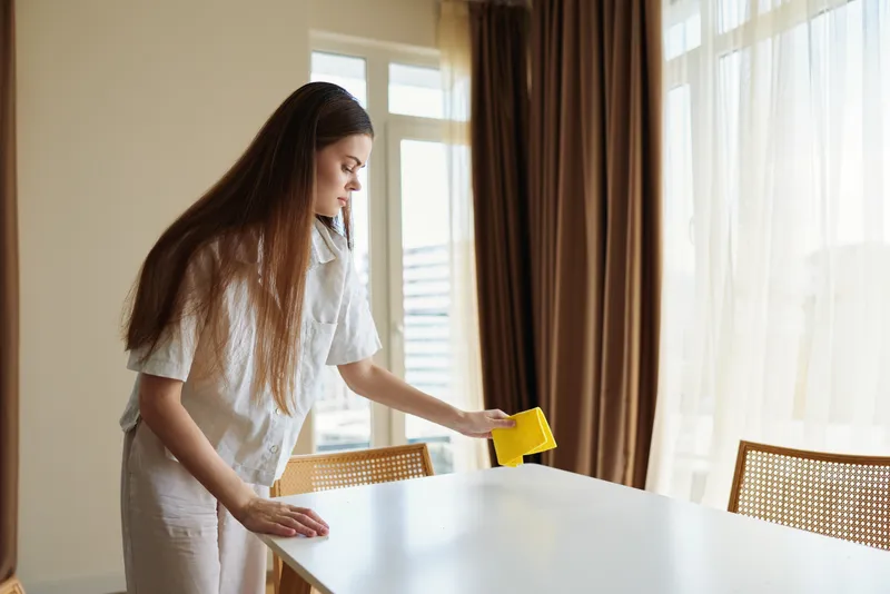 Woman cleaning table with yellow sponge in bright home interior dining area, household chore showing young female wiping surface during morning routine near curtains and chairs.
