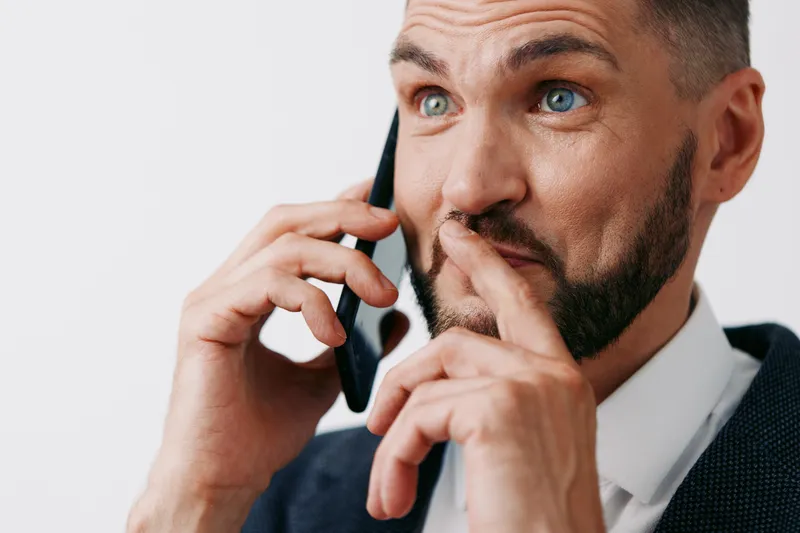 A business professional man stands against a colored isolated background, speaking on a mobile device with focused poise and confident demeanor, ready to share ideas and drive decisions.