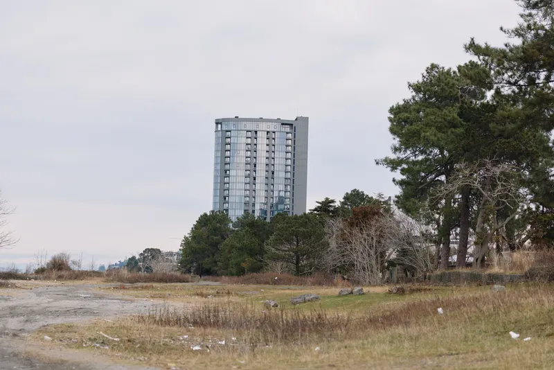 Tower and building rise above a wide field with trees, creating a quiet landscape that blends urban contrast with natural open space under a calm sky.