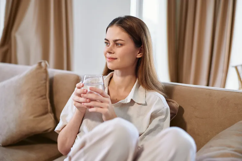 Woman on sofa holding a glass of water, relaxed and thoughtful at home. Casual portrait of drinking and relaxation, cozy living room, natural light and comfortable couch