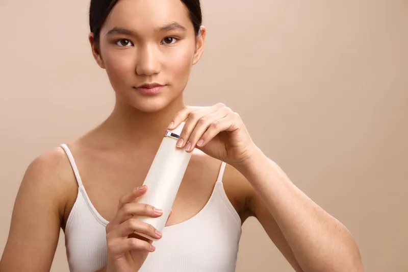 asian woman applying skincare product in a clean studio setting, focused and calm, presenting a modern beauty moment and gentle self care