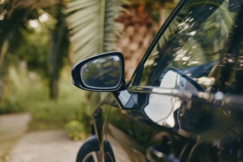 Car side mirror with water droplets on black car door, closeup reflection of palm trees, summer tropical drive, wet vehicle exterior and blurred green background