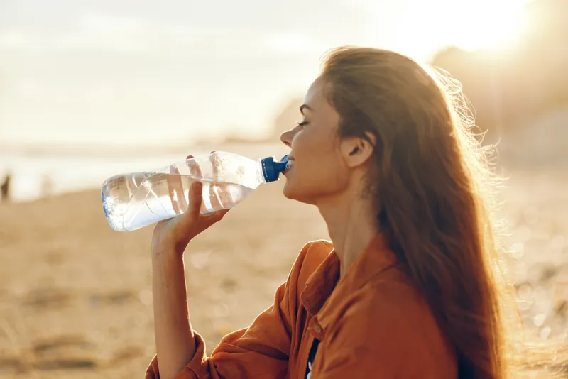 Woman drinking water outdoors, desert sunlight, hydration moment, side profile portrait, relaxed posture, summer wind, soft lens blur, warm natural colors, cheerful smile, steady hands