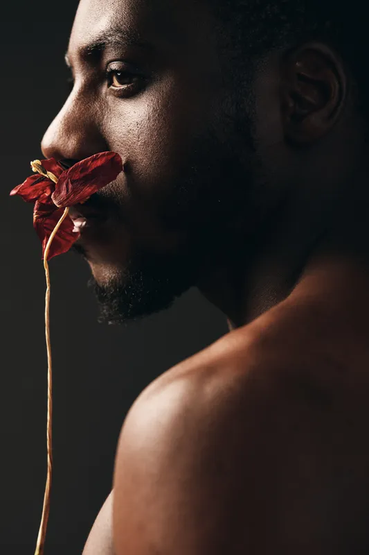Creative conceptual portrait of African man with dark skin holding dried red flower near face in studio. Artistic visual style with closeup profile and bare shoulder on dark background.