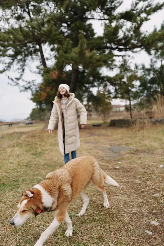 Dog and woman walking in a winter park outdoors, a long coat and warm hat, calm landscape with trees, grass and open space, a candid moment of companionship in chilly air.